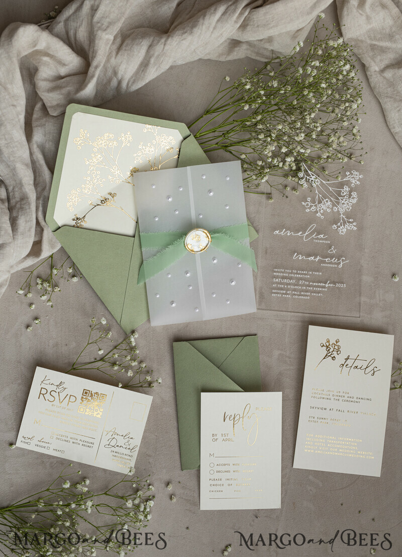Sage Green Frozen Transparent Baby Breath Wedding Invitations, Elegant Garden Gypsophila Wedding Cards-14