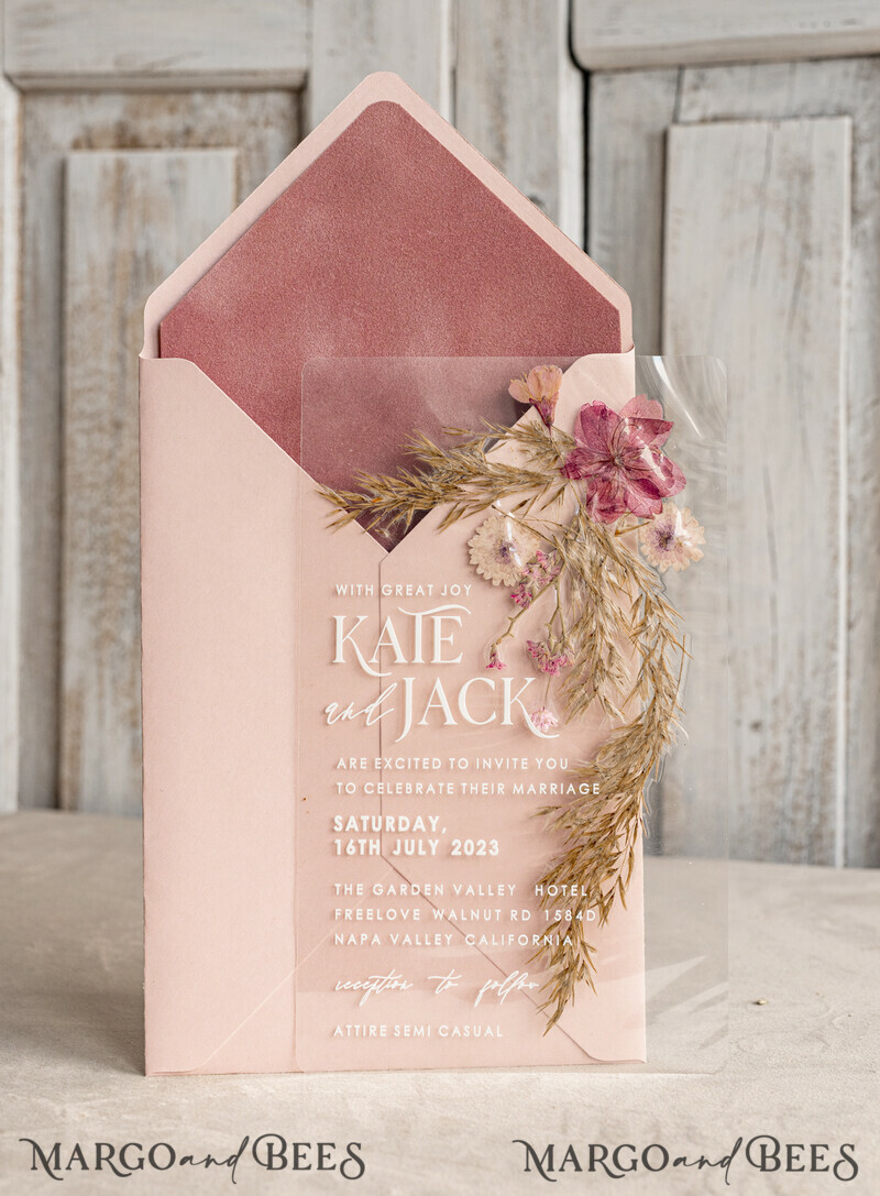 Blush Pink Clear real flowers Wedding Invitations, Elegant Garden pampass gras Wedding Cards, Velvet transparent Wedding Invites, Wedding Invitation Suite-0