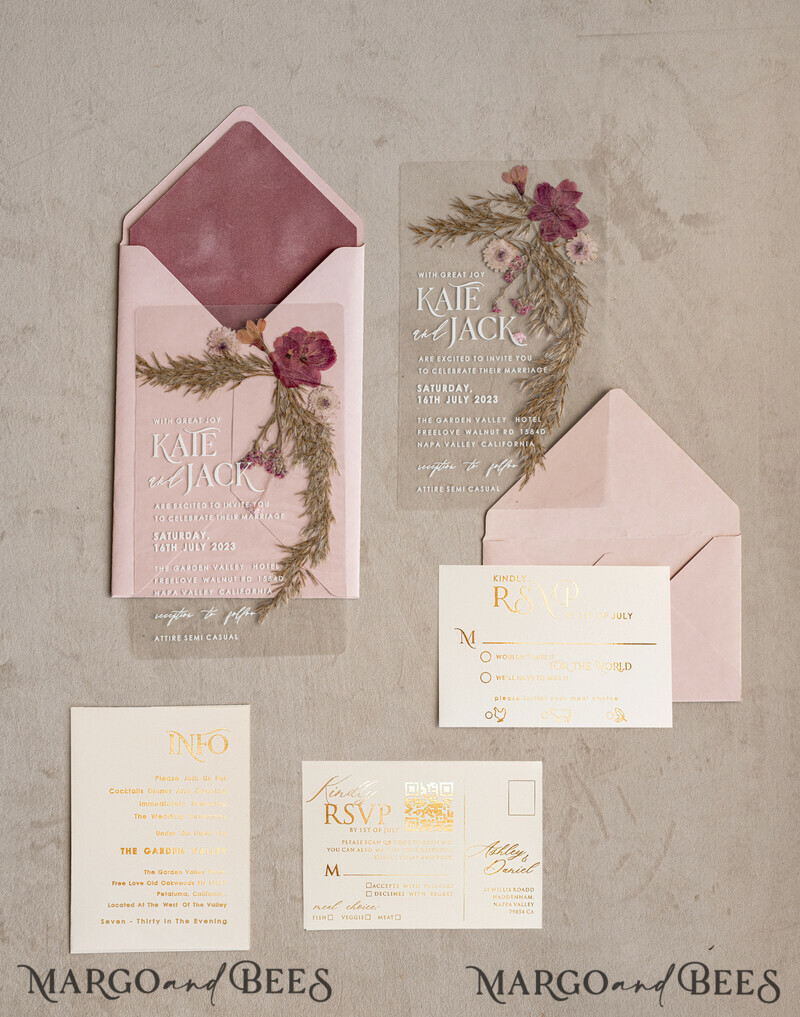 Blush Pink Clear real flowers Wedding Invitations, Elegant Garden pampass gras Wedding Cards, Velvet transparent Wedding Invites, Wedding Invitation Suite-2