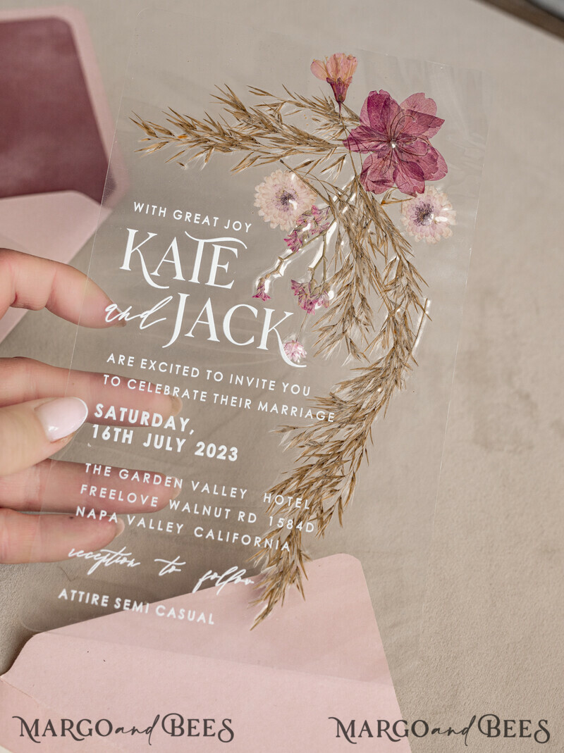 Blush Pink Clear real flowers Wedding Invitations, Elegant Garden pampass gras Wedding Cards, Velvet transparent Wedding Invites, Wedding Invitation Suite-3