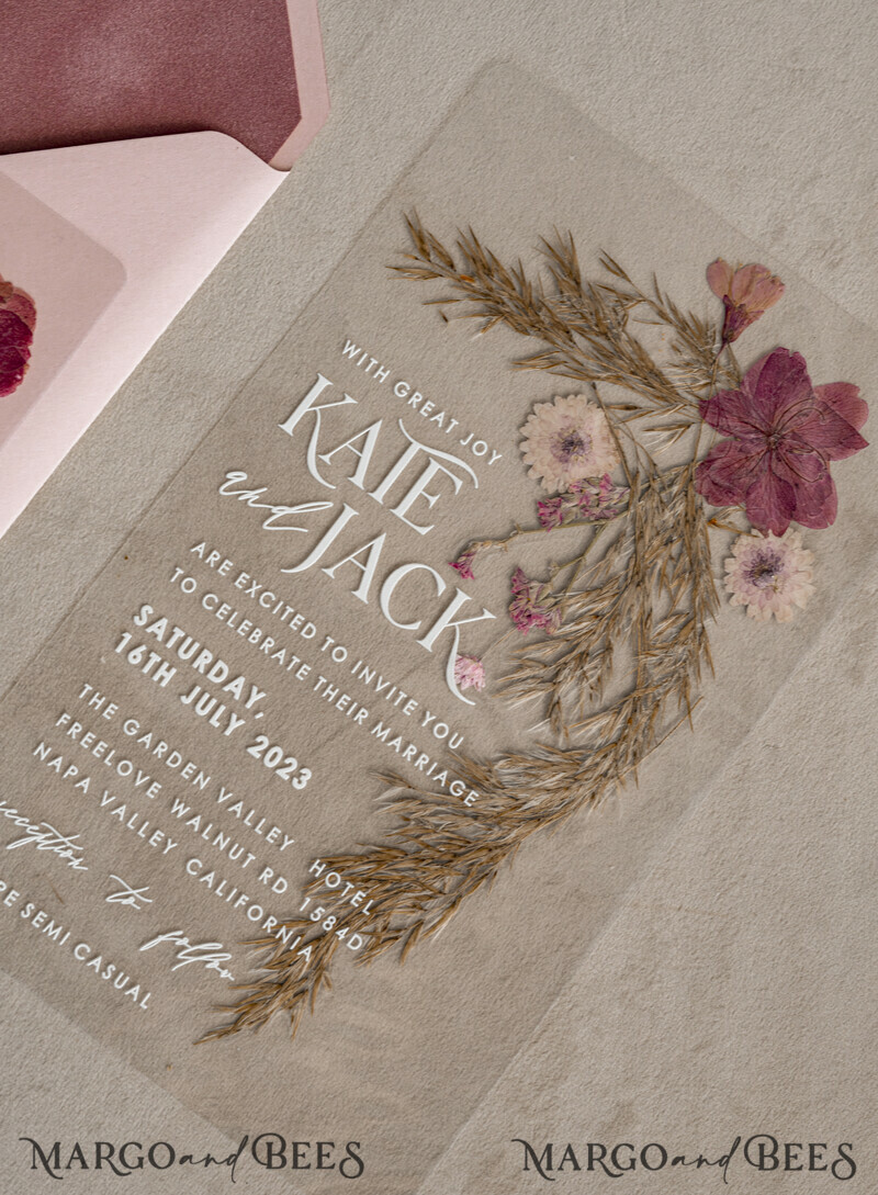 Blush Pink Clear real flowers Wedding Invitations, Elegant Garden pampass gras Wedding Cards, Velvet transparent Wedding Invites, Wedding Invitation Suite-5