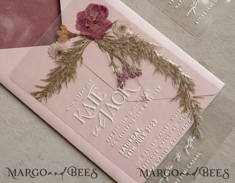 Blush Pink Clear real flowers Wedding Invitations, Elegant Garden pampass gras Wedding Cards, Velvet transparent Wedding Invites, Wedding Invitation Suite-6