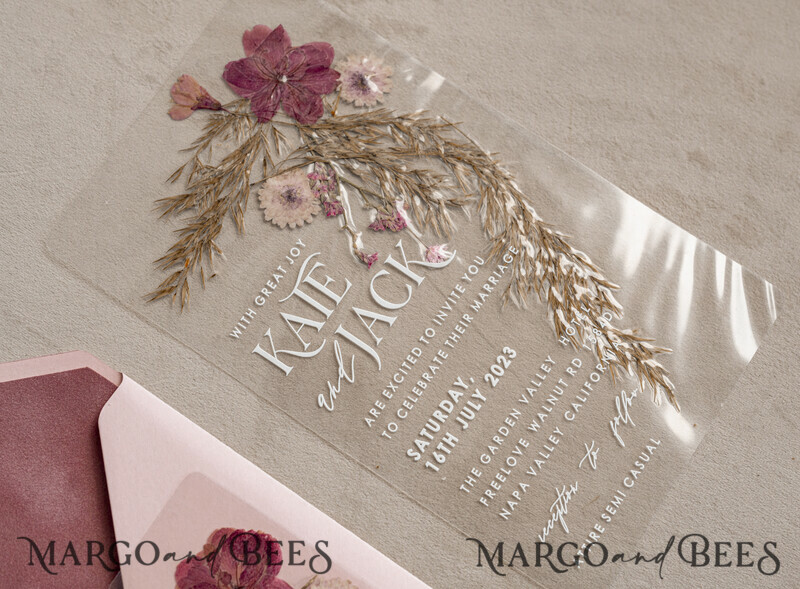 Blush Pink Clear real flowers Wedding Invitations, Elegant Garden pampass gras Wedding Cards, Velvet transparent Wedding Invites, Wedding Invitation Suite-8