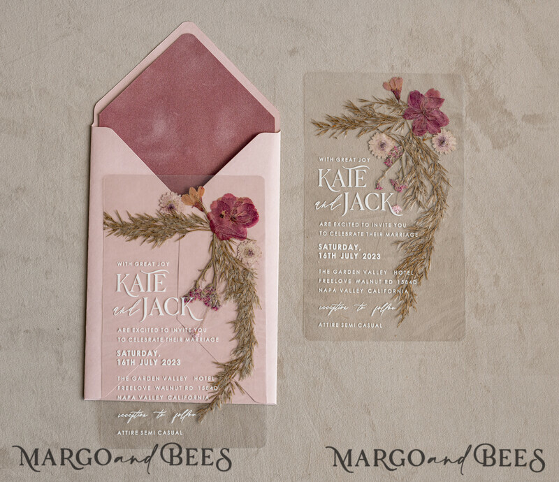 Blush Pink Clear real flowers Wedding Invitations, Elegant Garden pampass gras Wedding Cards, Velvet transparent Wedding Invites, Wedding Invitation Suite-9