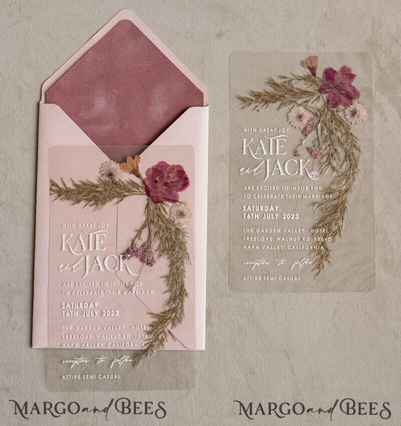 Blush Pink Clear real flowers Wedding Invitations, Elegant Garden pampass gras Wedding Cards, Velvet transparent Wedding Invites, Wedding Invitation Suite-10