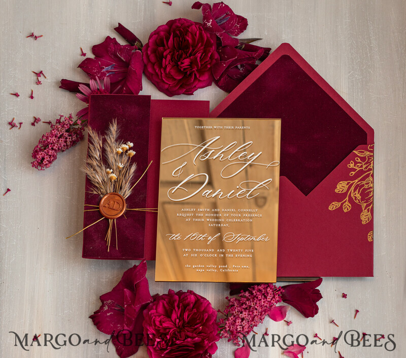 Burgundy Mirror gold Wedding Invitations, Elegant maroon Garden Wedding Cards-2