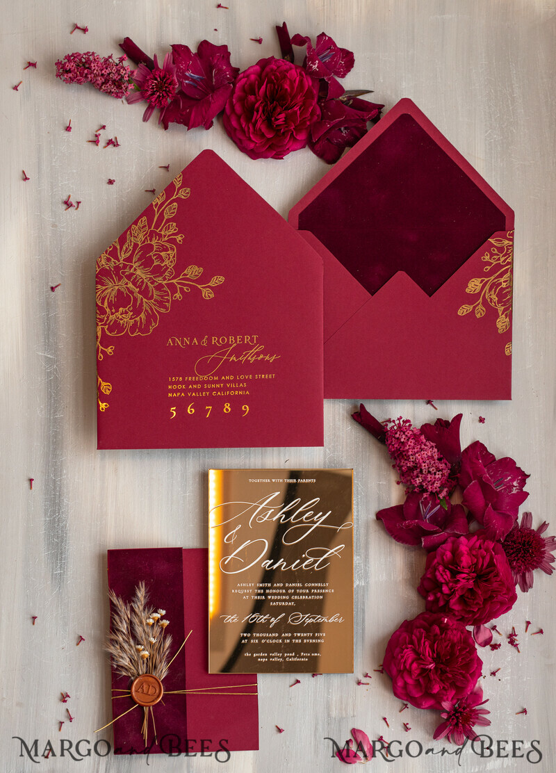 Burgundy Mirror gold Wedding Invitations, Elegant maroon Garden Wedding Cards-11