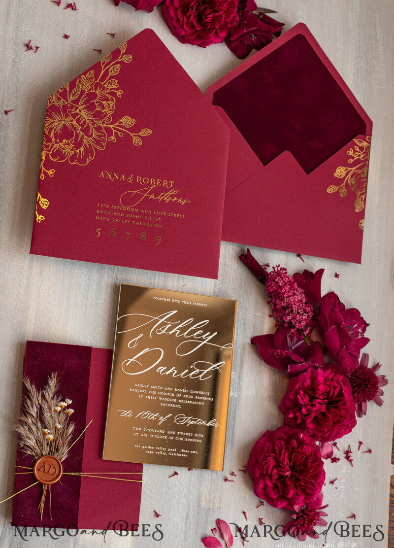 Burgundy Mirror gold Wedding Invitations, Elegant maroon Garden Wedding Cards-12