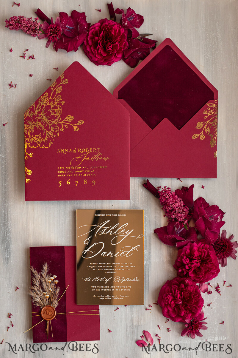 Burgundy Mirror gold Wedding Invitations, Elegant maroon Garden Wedding Cards-13