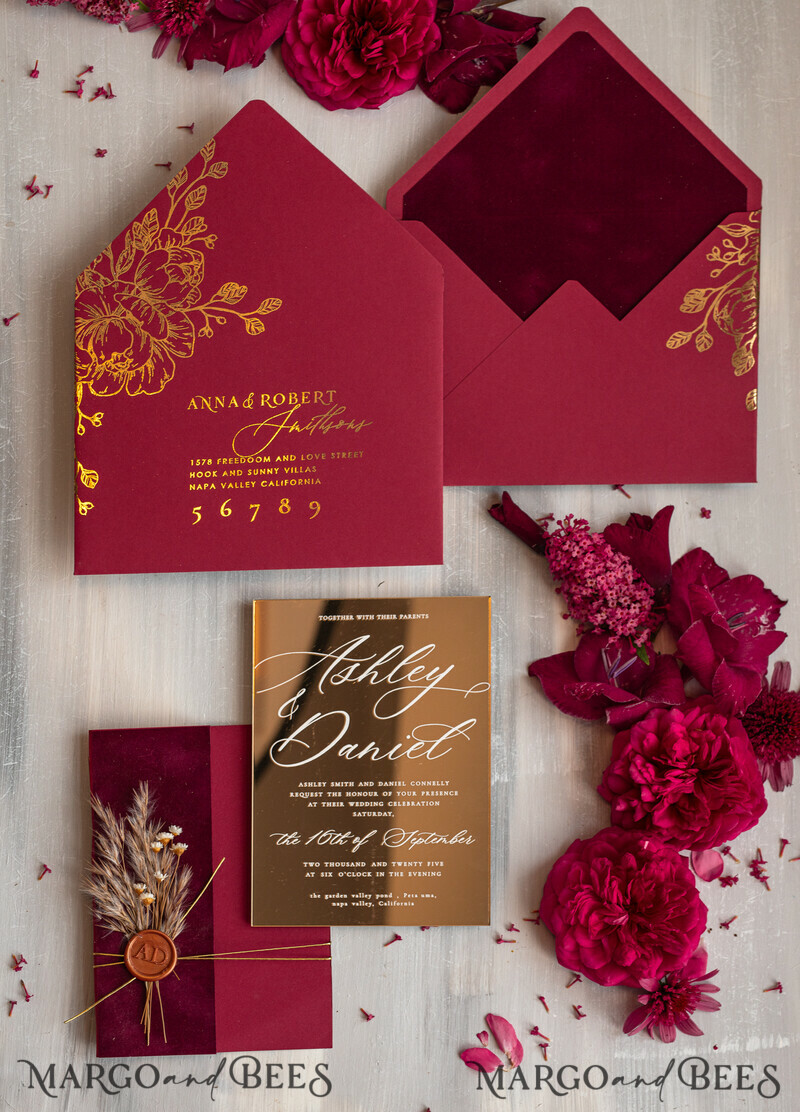 Burgundy Mirror gold Wedding Invitations, Elegant maroon Garden Wedding Cards-14