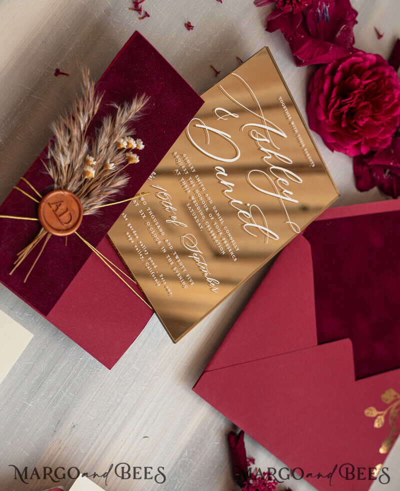 Burgundy Mirror gold Wedding Invitations, Elegant maroon Garden Wedding Cards-15