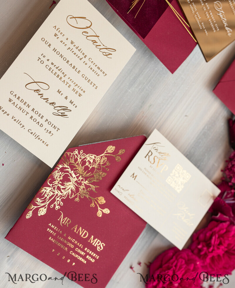 Burgundy Mirror gold Wedding Invitations, Elegant maroon Garden Wedding Cards-16