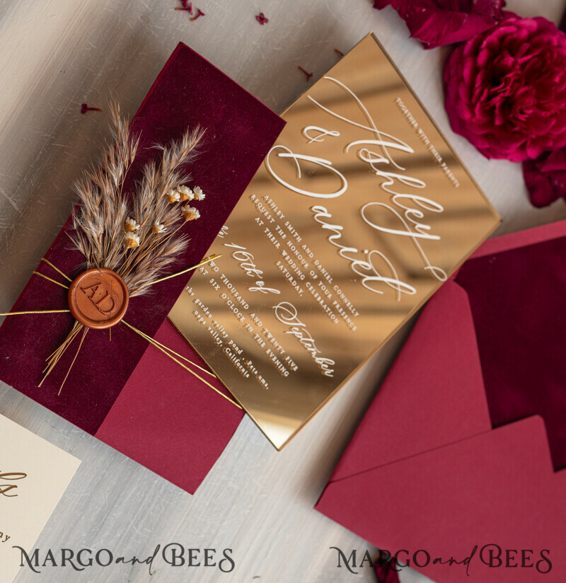 Burgundy Mirror gold Wedding Invitations, Elegant maroon Garden Wedding Cards-17