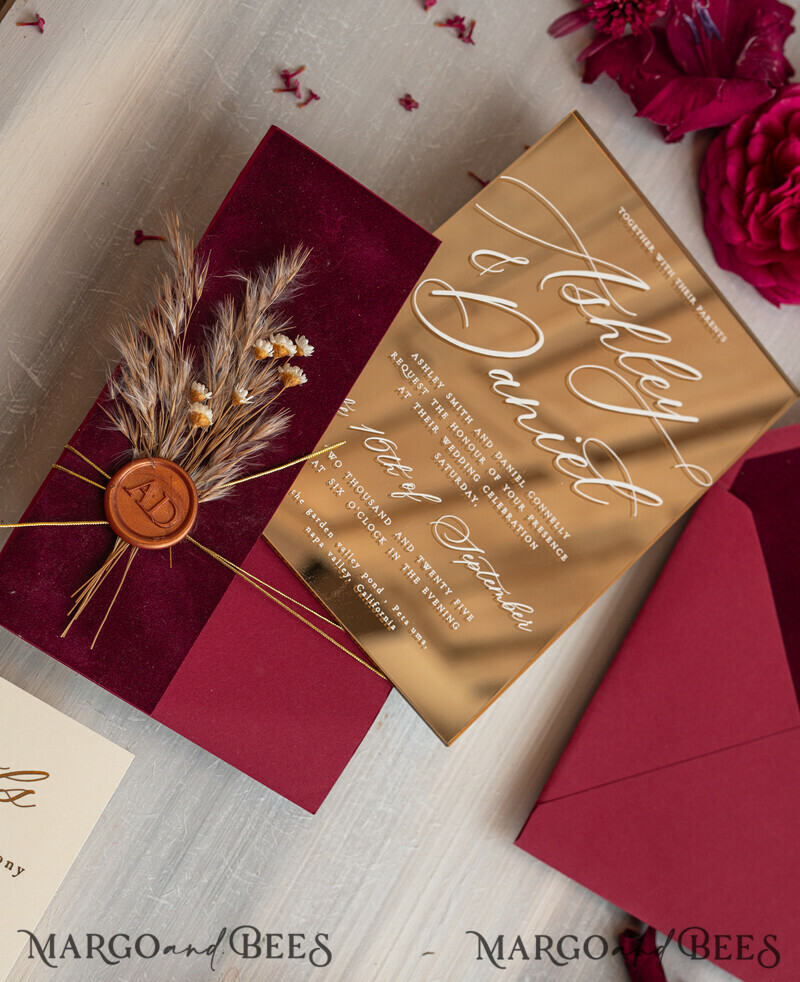 Burgundy Mirror gold Wedding Invitations, Elegant maroon Garden Wedding Cards-18