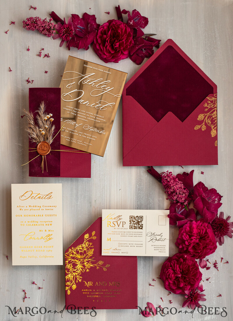 Burgundy Mirror gold Wedding Invitations, Elegant maroon Garden Wedding Cards-1