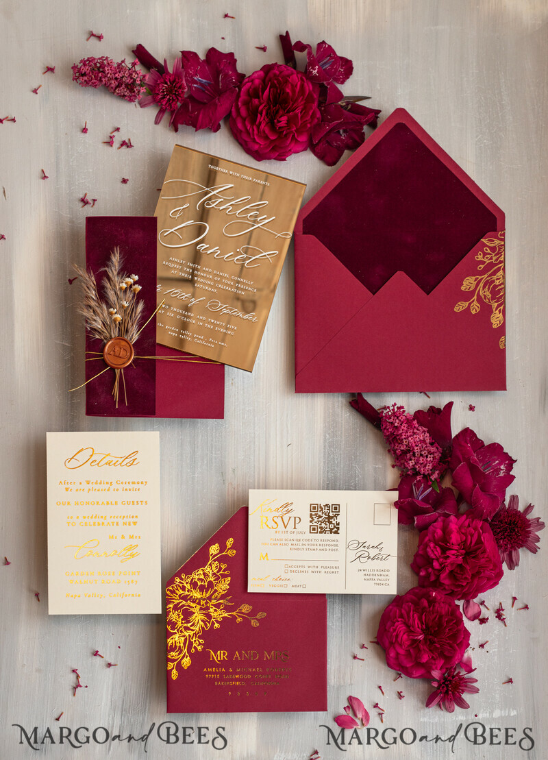 Burgundy Mirror gold Wedding Invitations, Elegant maroon Garden Wedding Cards-19