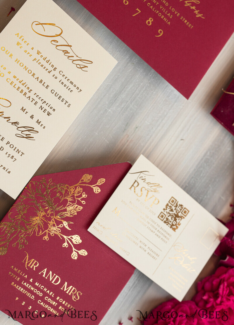 Burgundy Mirror gold Wedding Invitations, Elegant maroon Garden Wedding Cards-22