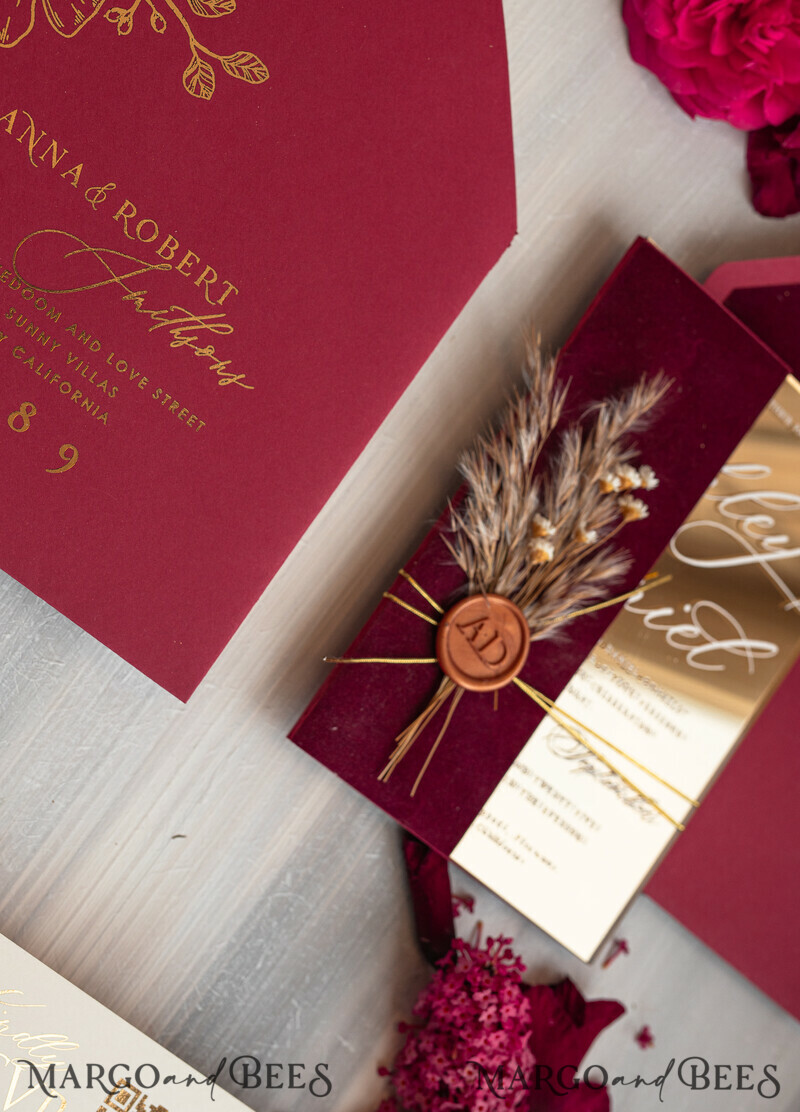 Burgundy Mirror gold Wedding Invitations, Elegant maroon Garden Wedding Cards-23