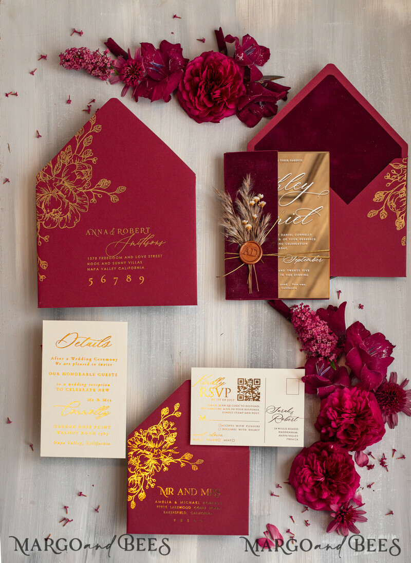 Burgundy Mirror gold Wedding Invitations, Elegant maroon Garden Wedding Cards-24