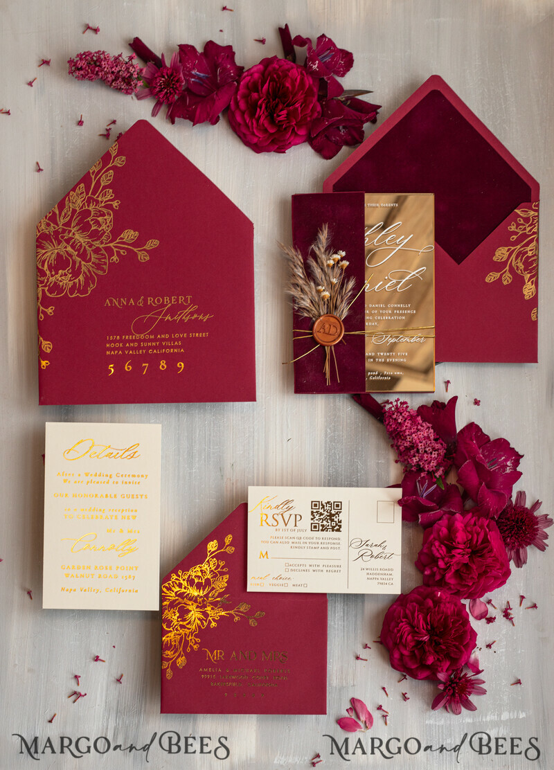 Burgundy Mirror gold Wedding Invitations, Elegant maroon Garden Wedding Cards-25