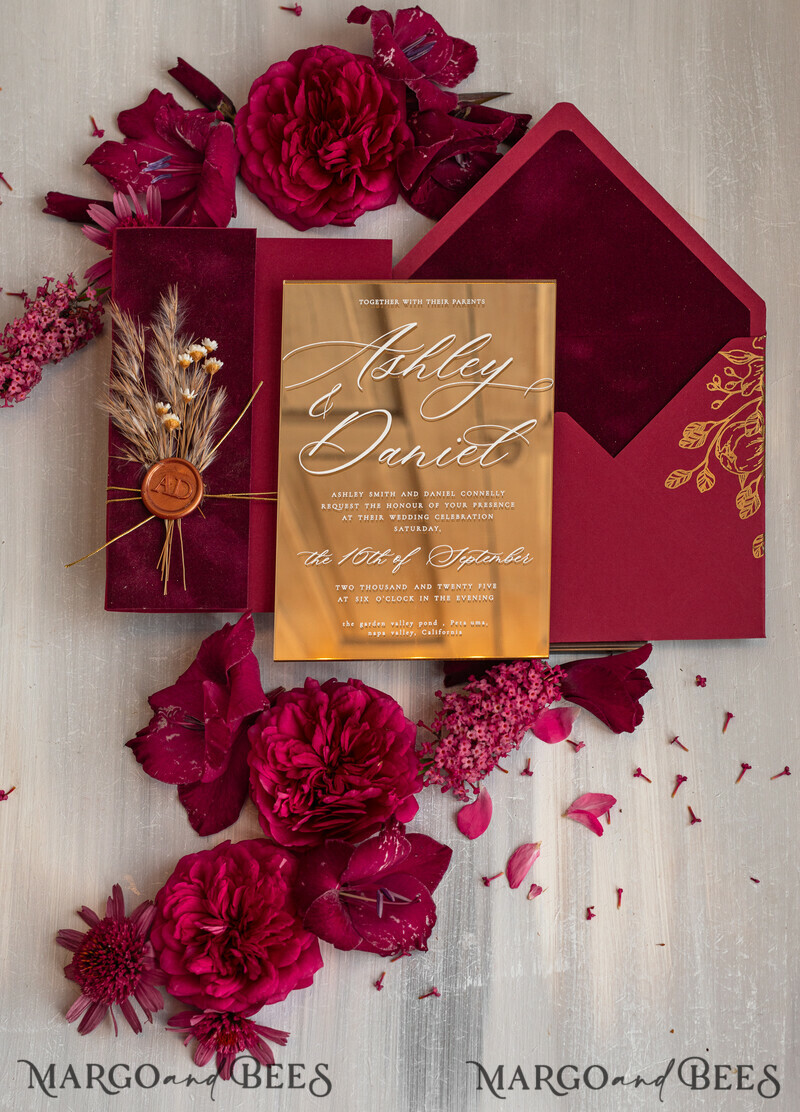 Burgundy Mirror gold Wedding Invitations, Elegant maroon Garden Wedding Cards-4