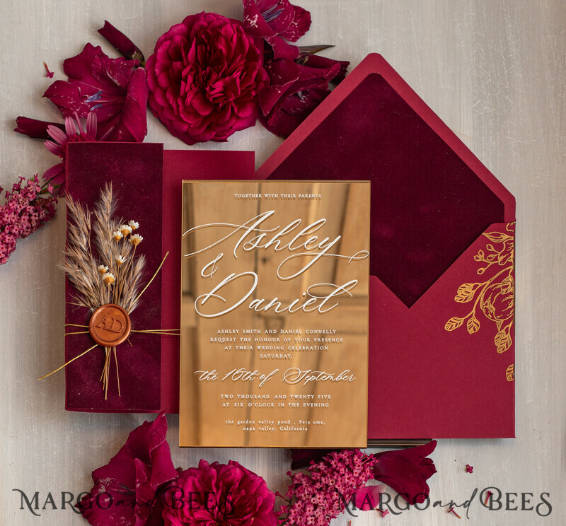 Burgundy Mirror gold Wedding Invitations, Elegant maroon Garden Wedding Cards-5