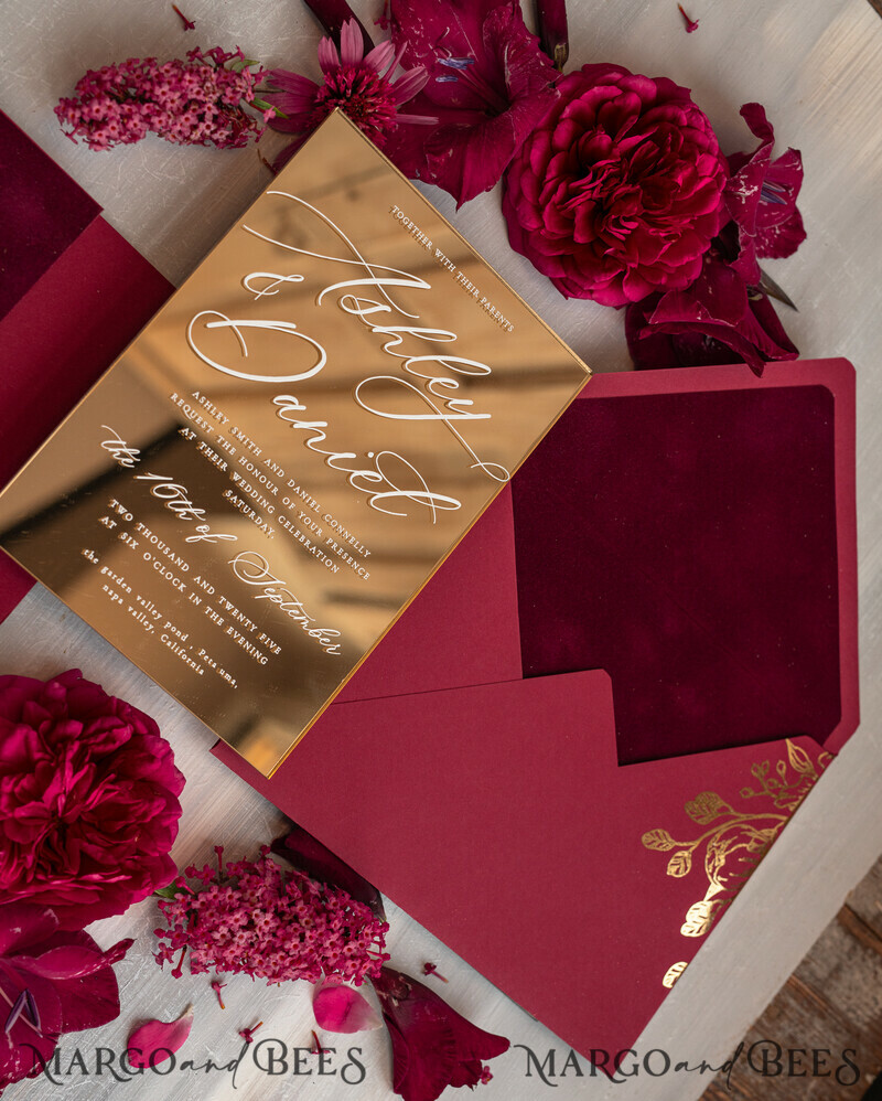 Burgundy Mirror gold Wedding Invitations, Elegant maroon Garden Wedding Cards-7