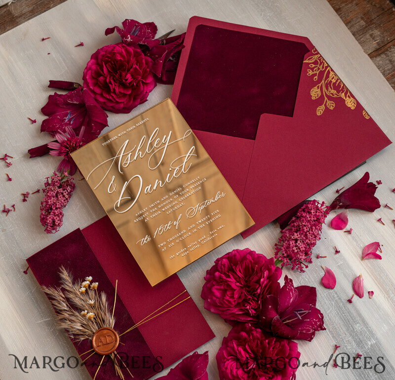 Burgundy Mirror gold Wedding Invitations, Elegant maroon Garden Wedding Cards-8