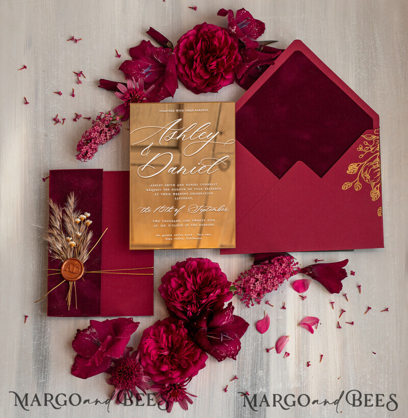 Burgundy Mirror gold Wedding Invitations, Elegant maroon Garden Wedding Cards-9