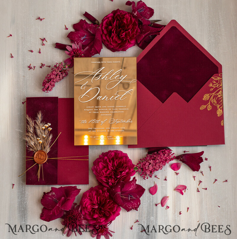 Burgundy Mirror gold Wedding Invitations, Elegant maroon Garden Wedding Cards-10