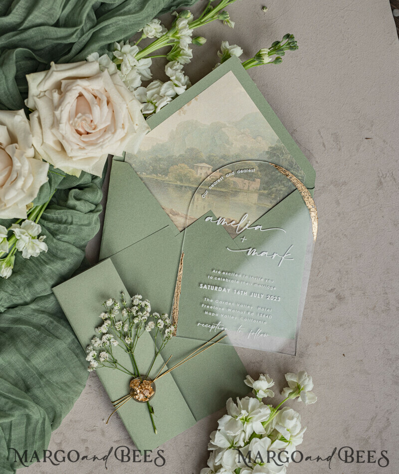 Sage Green Clear Arched Wedding Invitations, Elegant Garden Wedding Cards, Greenery Acrylic transparent Wedding Invites, Arch Plexi Wedding Invitation Suite-0