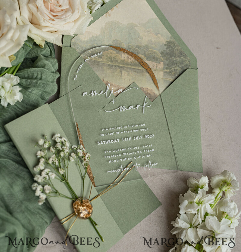Sage Green Clear Arched Wedding Invitations, Elegant Garden Wedding Cards, Greenery Acrylic transparent Wedding Invites, Arch Plexi Wedding Invitation Suite-4