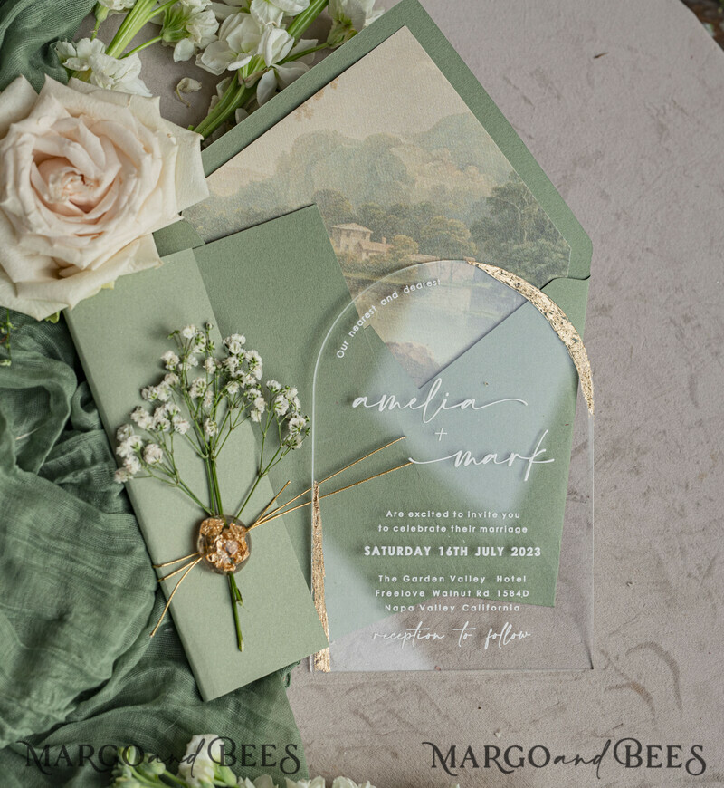 Sage Green Clear Arched Wedding Invitations, Elegant Garden Wedding Cards, Greenery Acrylic transparent Wedding Invites, Arch Plexi Wedding Invitation Suite-9