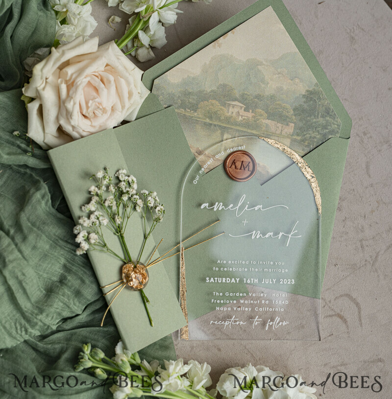 Sage Green Clear Arched Wedding Invitations, Elegant Garden Wedding Cards, Greenery Acrylic transparent Wedding Invites, Arch Plexi Wedding Invitation Suite-14
