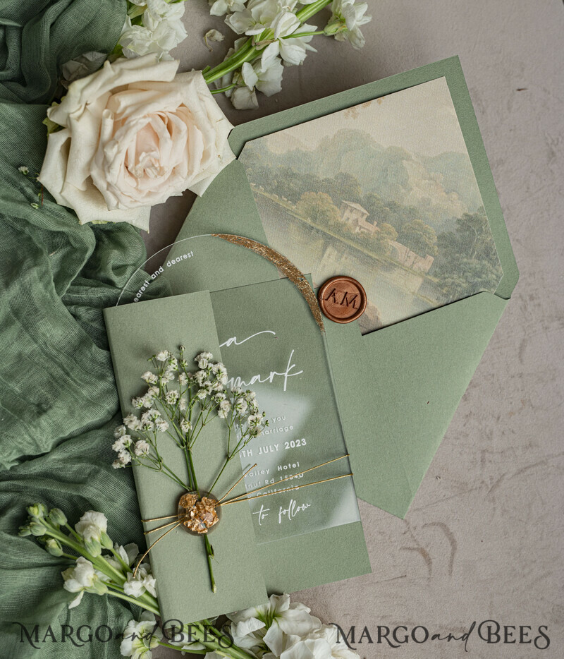 Sage Green Clear Arched Wedding Invitations, Elegant Garden Wedding Cards, Greenery Acrylic transparent Wedding Invites, Arch Plexi Wedding Invitation Suite-2