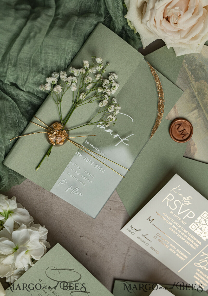 Sage Green Clear Arched Wedding Invitations, Elegant Garden Wedding Cards, Greenery Acrylic transparent Wedding Invites, Arch Plexi Wedding Invitation Suite-17
