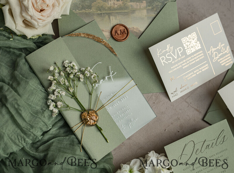 Sage Green Clear Arched Wedding Invitations, Elegant Garden Wedding Cards, Greenery Acrylic transparent Wedding Invites, Arch Plexi Wedding Invitation Suite-18