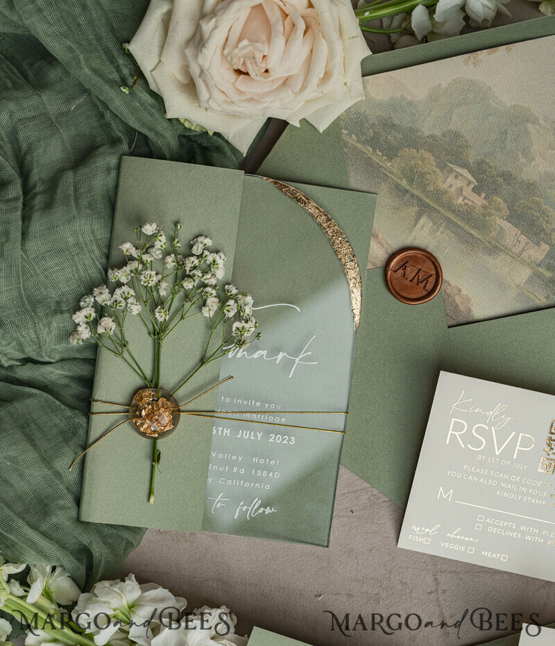 Sage Green Clear Arched Wedding Invitations, Elegant Garden Wedding Cards, Greenery Acrylic transparent Wedding Invites, Arch Plexi Wedding Invitation Suite-19