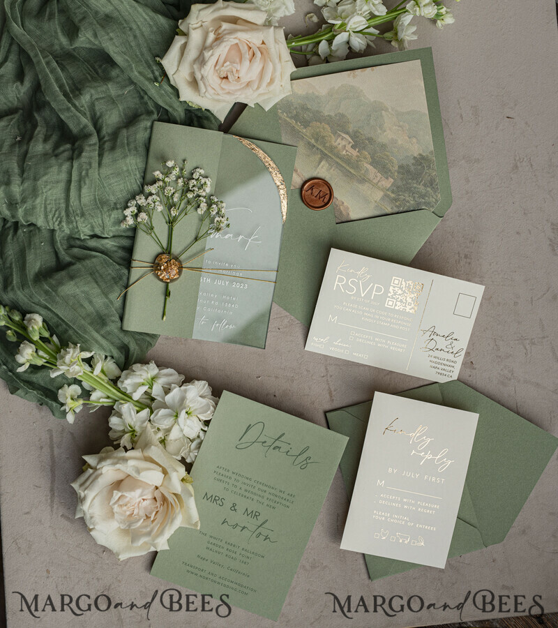 Sage Green Clear Arched Wedding Invitations, Elegant Garden Wedding Cards, Greenery Acrylic transparent Wedding Invites, Arch Plexi Wedding Invitation Suite-1