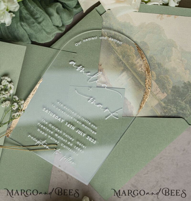Sage Green Clear Arched Wedding Invitations, Elegant Garden Wedding Cards, Greenery Acrylic transparent Wedding Invites, Arch Plexi Wedding Invitation Suite-5