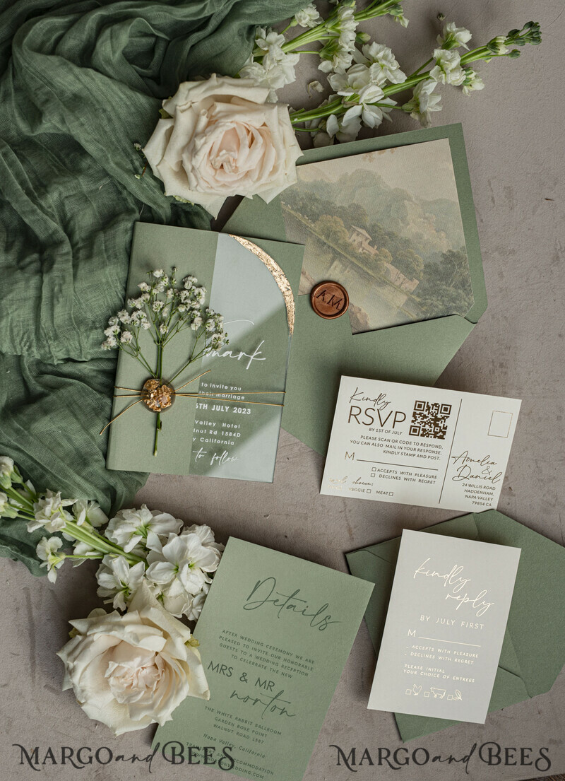 Sage Green Clear Arched Wedding Invitations, Elegant Garden Wedding Cards, Greenery Acrylic transparent Wedding Invites, Arch Plexi Wedding Invitation Suite-20