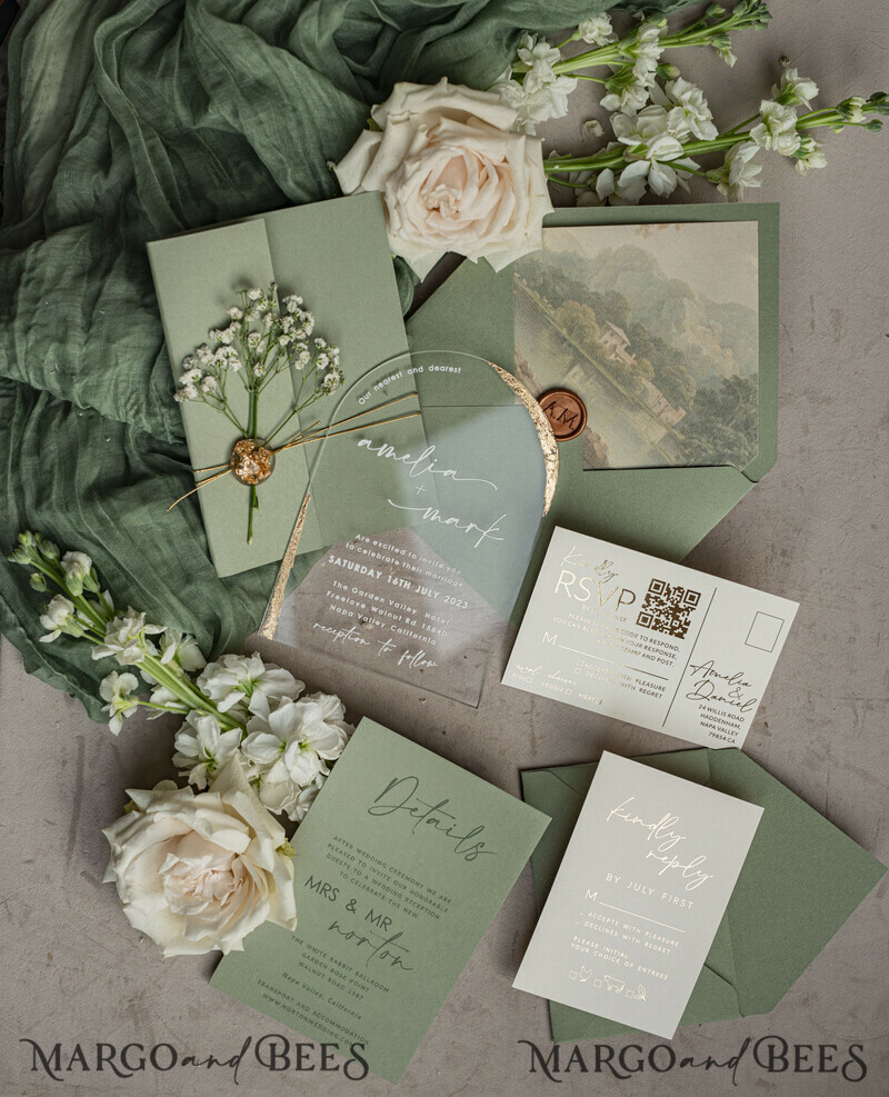 Sage Green Clear Arched Wedding Invitations, Elegant Garden Wedding Cards, Greenery Acrylic transparent Wedding Invites, Arch Plexi Wedding Invitation Suite-21