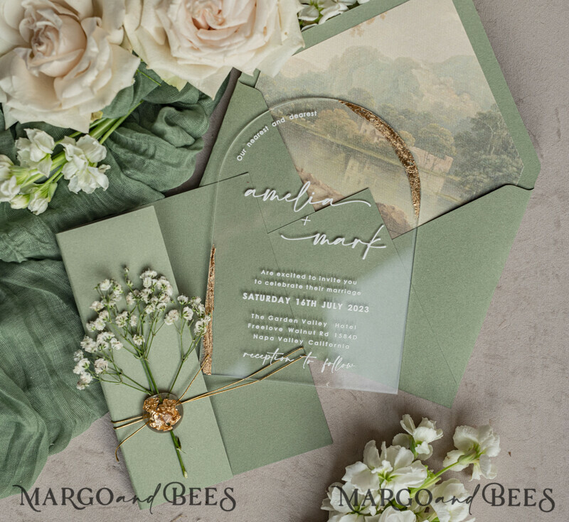 Sage Green Clear Arched Wedding Invitations, Elegant Garden Wedding Cards, Greenery Acrylic transparent Wedding Invites, Arch Plexi Wedding Invitation Suite-6