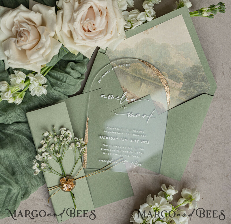 Sage Green Clear Arched Wedding Invitations, Elegant Garden Wedding Cards, Greenery Acrylic transparent Wedding Invites, Arch Plexi Wedding Invitation Suite-7