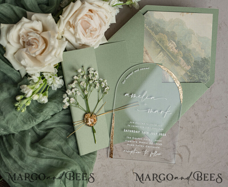 Sage Green Clear Arched Wedding Invitations, Elegant Garden Wedding Cards, Greenery Acrylic transparent Wedding Invites, Arch Plexi Wedding Invitation Suite-8