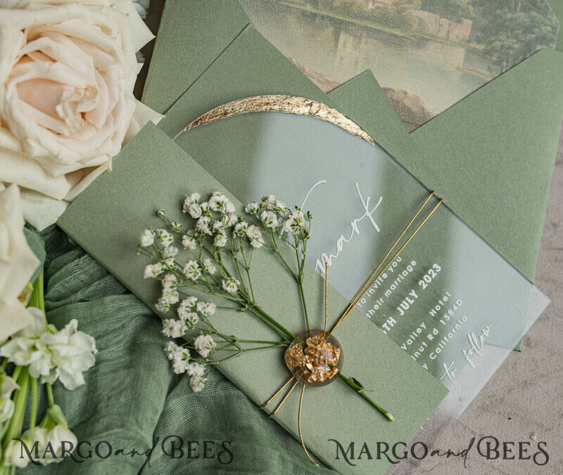 Sage Green Clear Arched Wedding Invitations, Elegant Garden Wedding Cards, Greenery Acrylic transparent Wedding Invites, Arch Plexi Wedding Invitation Suite-10