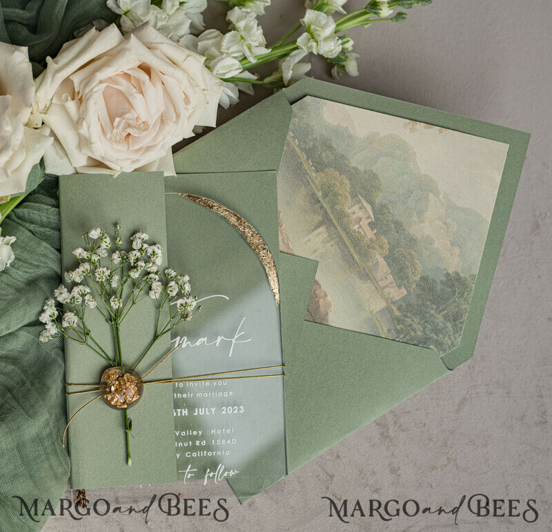 Sage Green Clear Arched Wedding Invitations, Elegant Garden Wedding Cards, Greenery Acrylic transparent Wedding Invites, Arch Plexi Wedding Invitation Suite-11