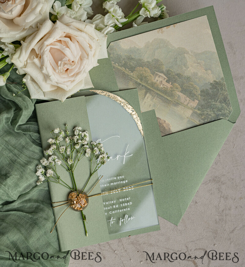 Sage Green Clear Arched Wedding Invitations, Elegant Garden Wedding Cards, Greenery Acrylic transparent Wedding Invites, Arch Plexi Wedding Invitation Suite-12