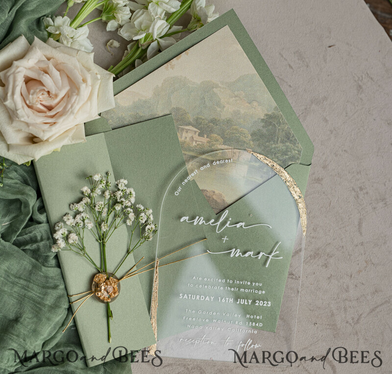 Sage Green Clear Arched Wedding Invitations, Elegant Garden Wedding Cards, Greenery Acrylic transparent Wedding Invites, Arch Plexi Wedding Invitation Suite-13