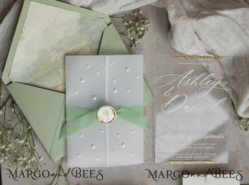 Ivory Beaded Wrapping Wedding Invitations, Elegant Clear Acrylic Wedding Cards, Plexi Transparent Wedding Invites, Wedding Invitation Suite with Pearls-17